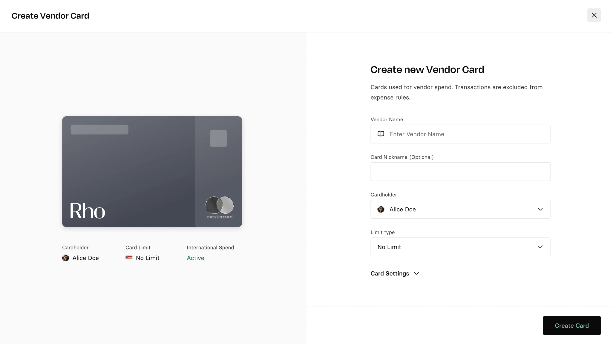 The Create new Vendor Card panel with vendor name, card nickname, cardholder and limit type fields beside a card preview